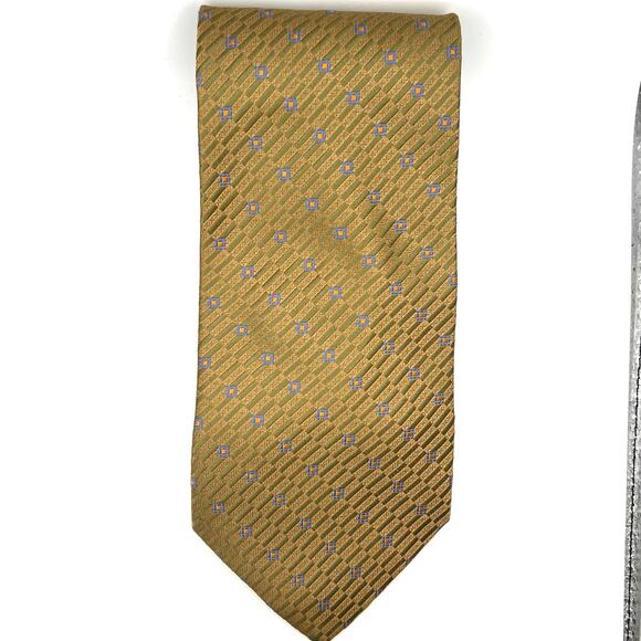 Daniel De Fasson- Men's Tie - Green Gold& Blue Foulard Geometric Design 58" Long - Picture 4 of 5